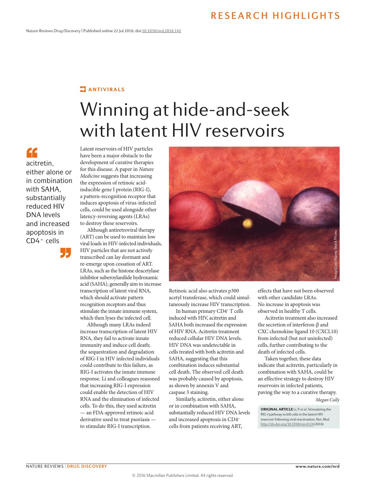 Antivirals: Winning at hide-and-seek with latent HIV reservoirs by Megan Cully