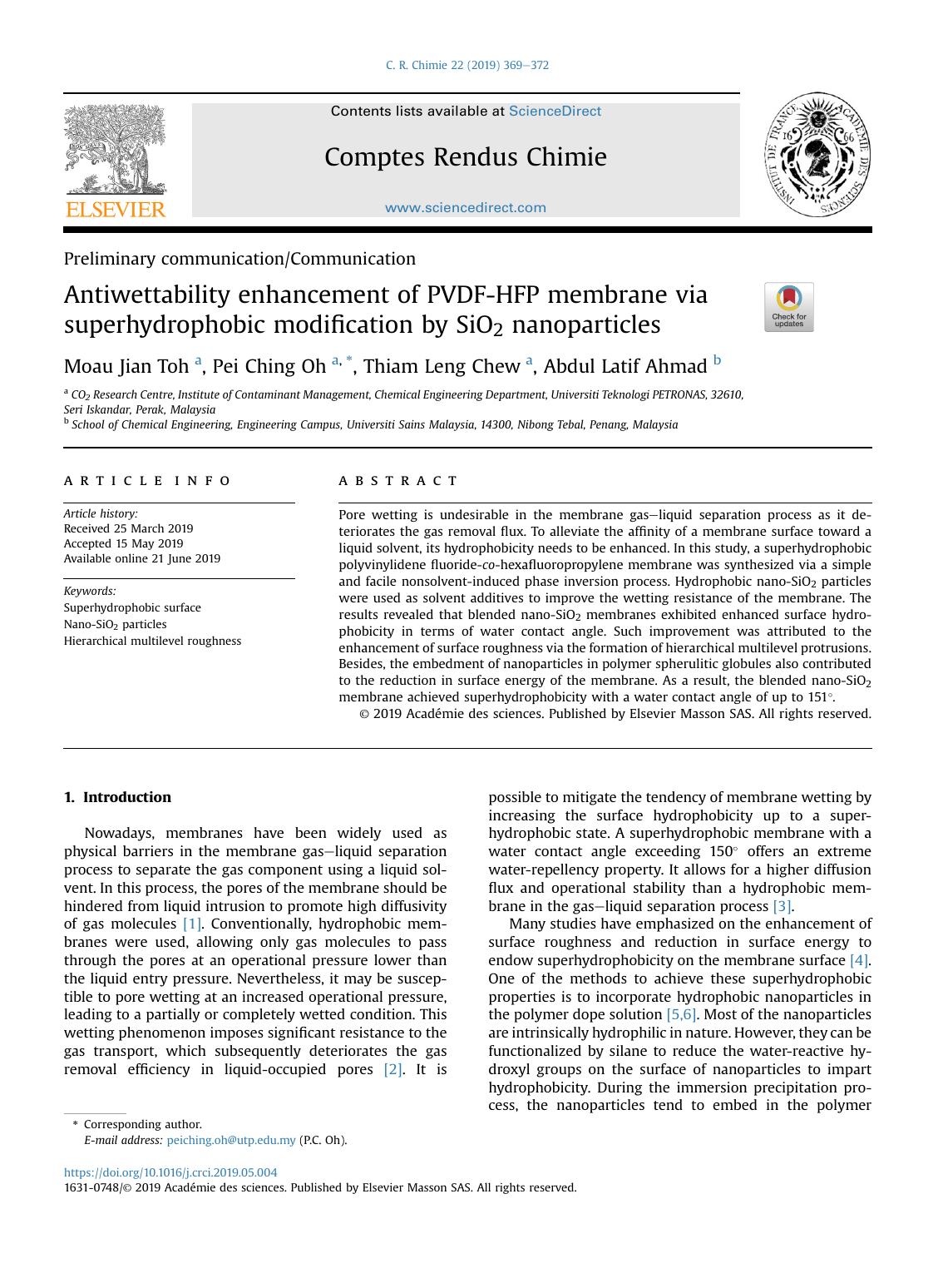 Antiwettability enhancement of PVDF-HFP membrane via superhydrophobic modification by SiO2 nanoparticles by Moau Jian Toh & Pei Ching Oh & Thiam Leng Chew & Abdul Latif Ahmad
