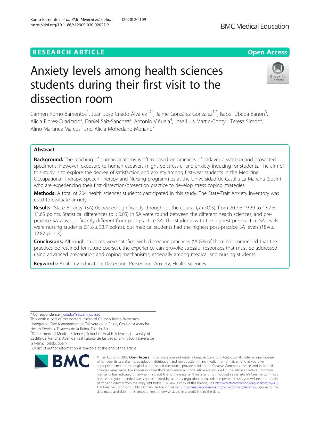 Anxiety levels among health sciences students during their first visit to the dissection room by unknow
