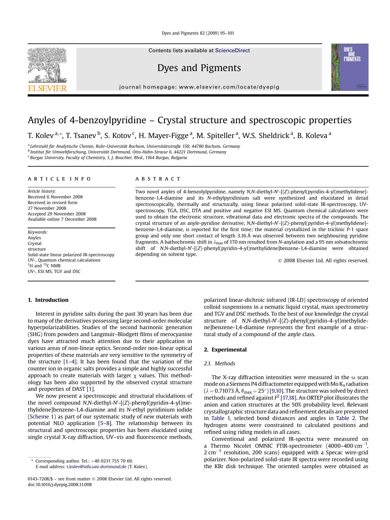 Anyles of 4-benzoylpyridine - Crystal structure and spectroscopic properties by T. Kolev; T. Tsanev; S. Kotov; H. Mayer-Figge; M. Spiteller; W.S. Sheldrick; B. Koleva