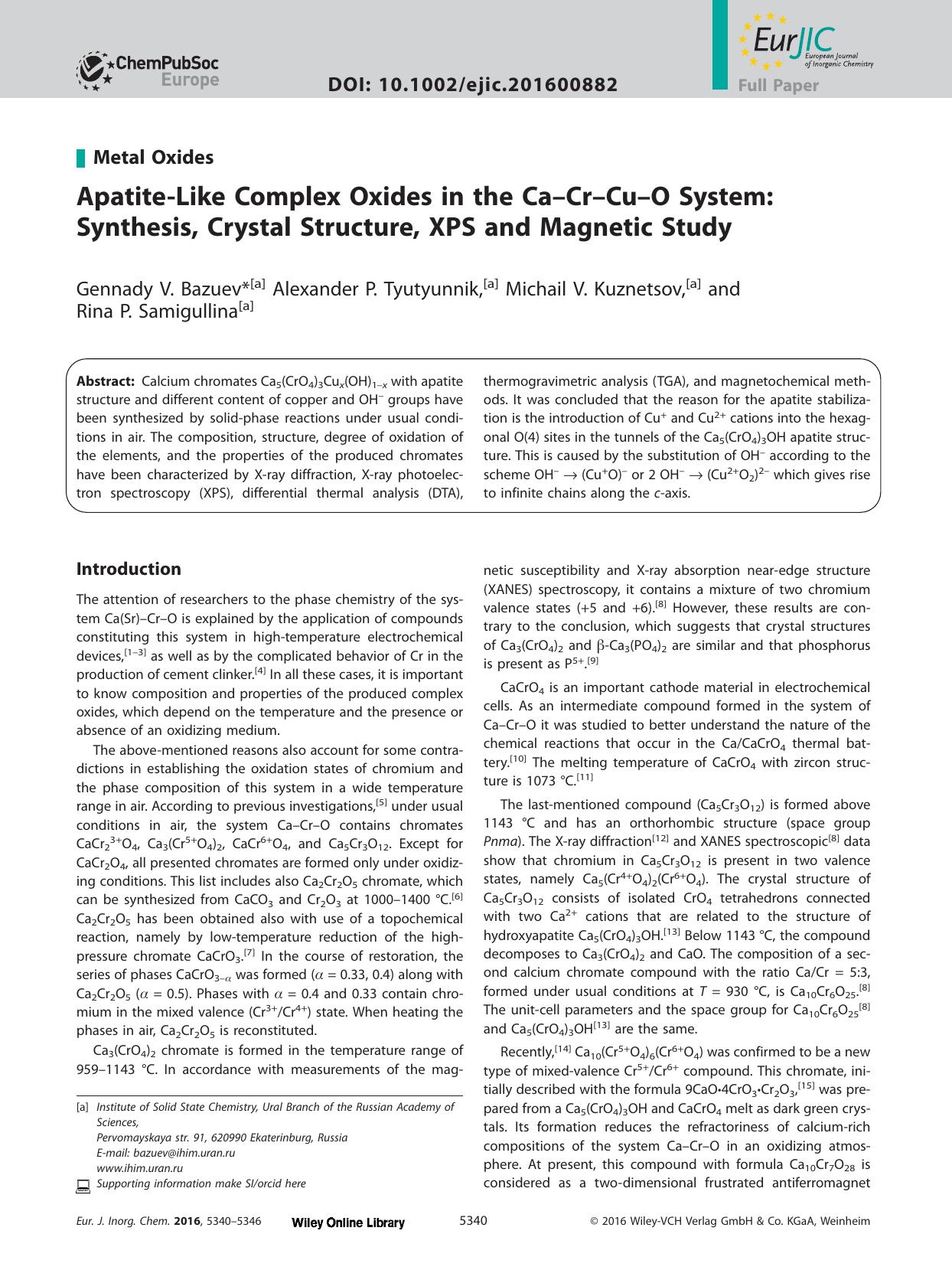 Apatite‐Like Complex Oxides in the Ca–Cr–Cu–O System: Synthesis, Crystal Structure, XPS and Magnetic Study by Unknown