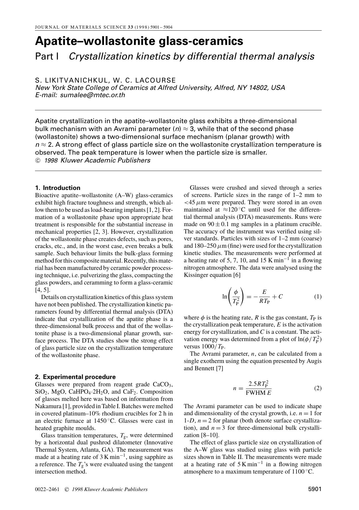 Apatite–wollastonite glass-ceramics part I Crystallization kinetics by differential thermal analysis by Unknown