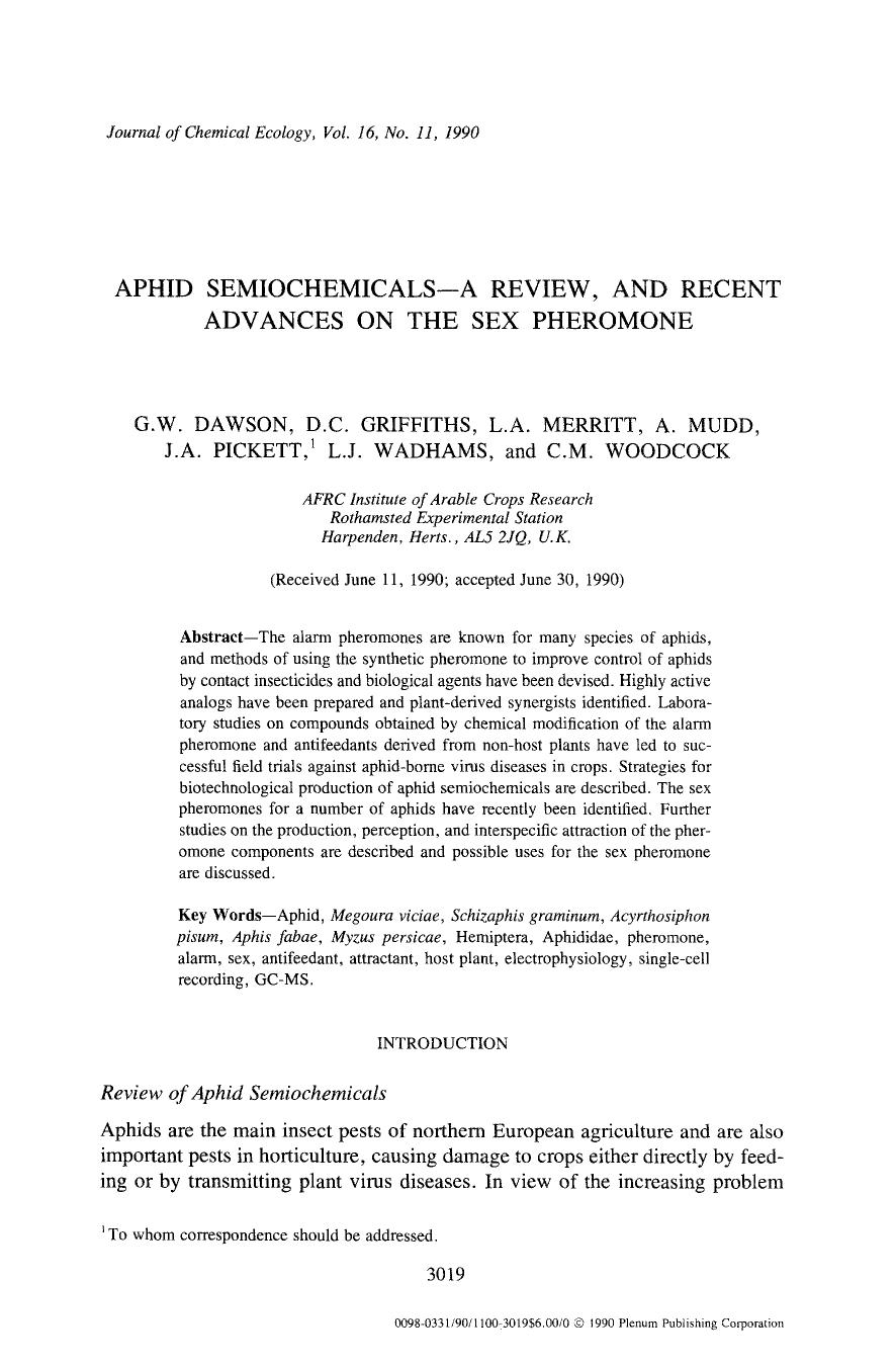 Aphid semiochemicals &#x2014; A review, and recent advances on the sex pheromone by Unknown