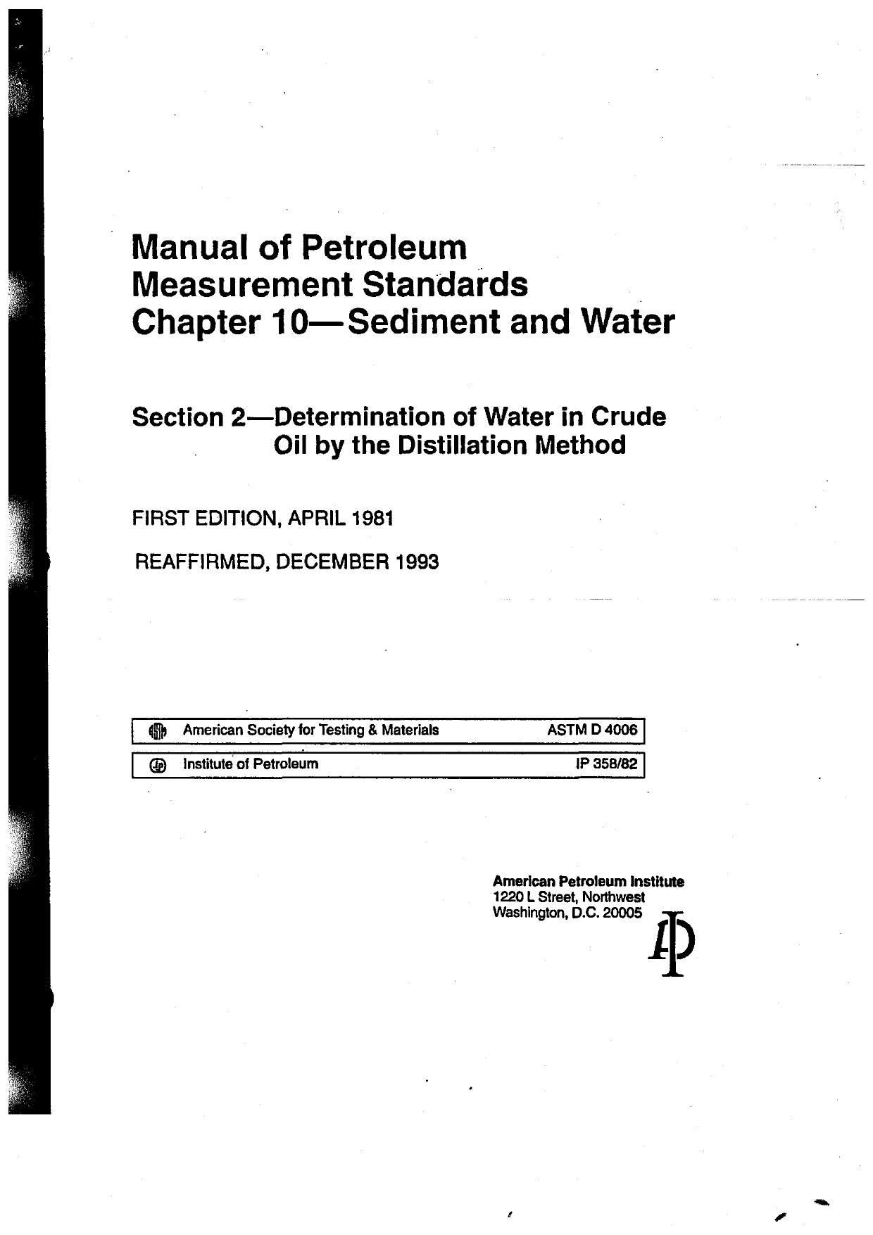 Api Mpms 10.2, Sediment and Water by Unknown