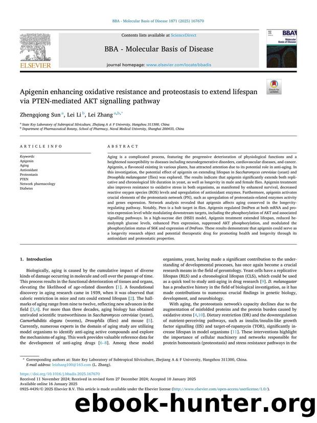 Apigenin enhancing oxidative resistance and proteostasis to extend lifespan via PTEN-mediated AKT signalling pathway by Zhengqiong Sun & Lei Li & Lei Zhang
