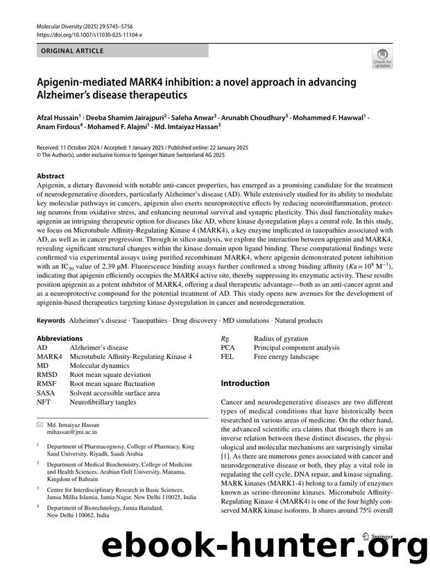 Apigenin-mediated MARK4 inhibition: a novel approach in advancing Alzheimerâs disease therapeutics by unknow