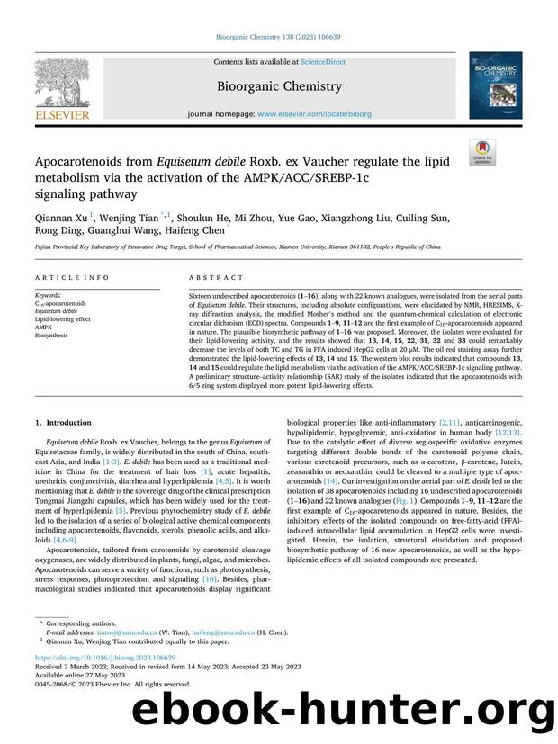 Apocarotenoids from Equisetum debile Roxb. ex Vaucher regulate the lipid metabolism via the activation of the AMPKACCSREBP-1c signaling pathway by unknow