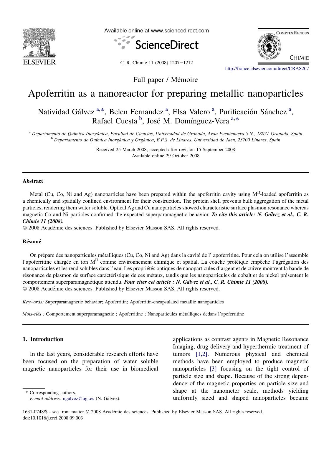 Apoferritin as a nanoreactor for preparing metallic nanoparticles by unknow