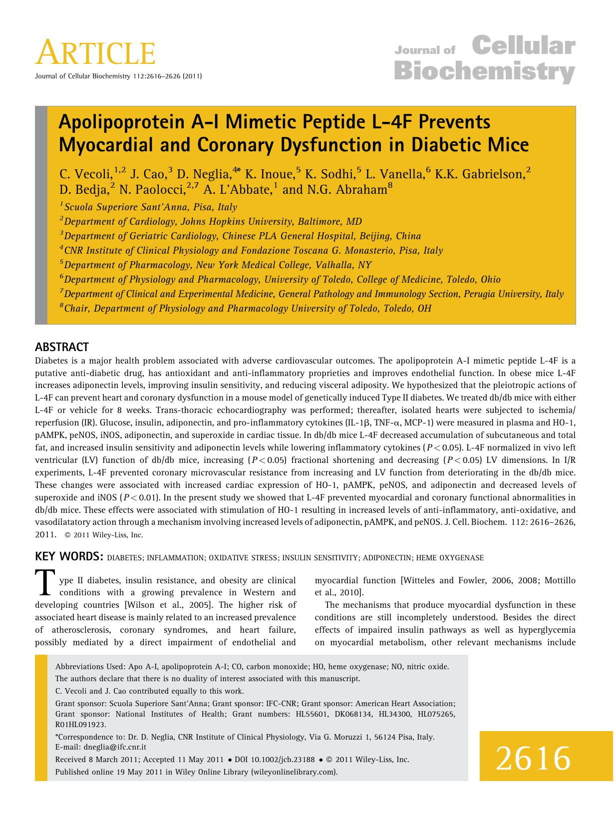 Apolipoprotein AI mimetic peptide L4F prevents myocardial and coronary dysfunction in diabetic mice by Unknown