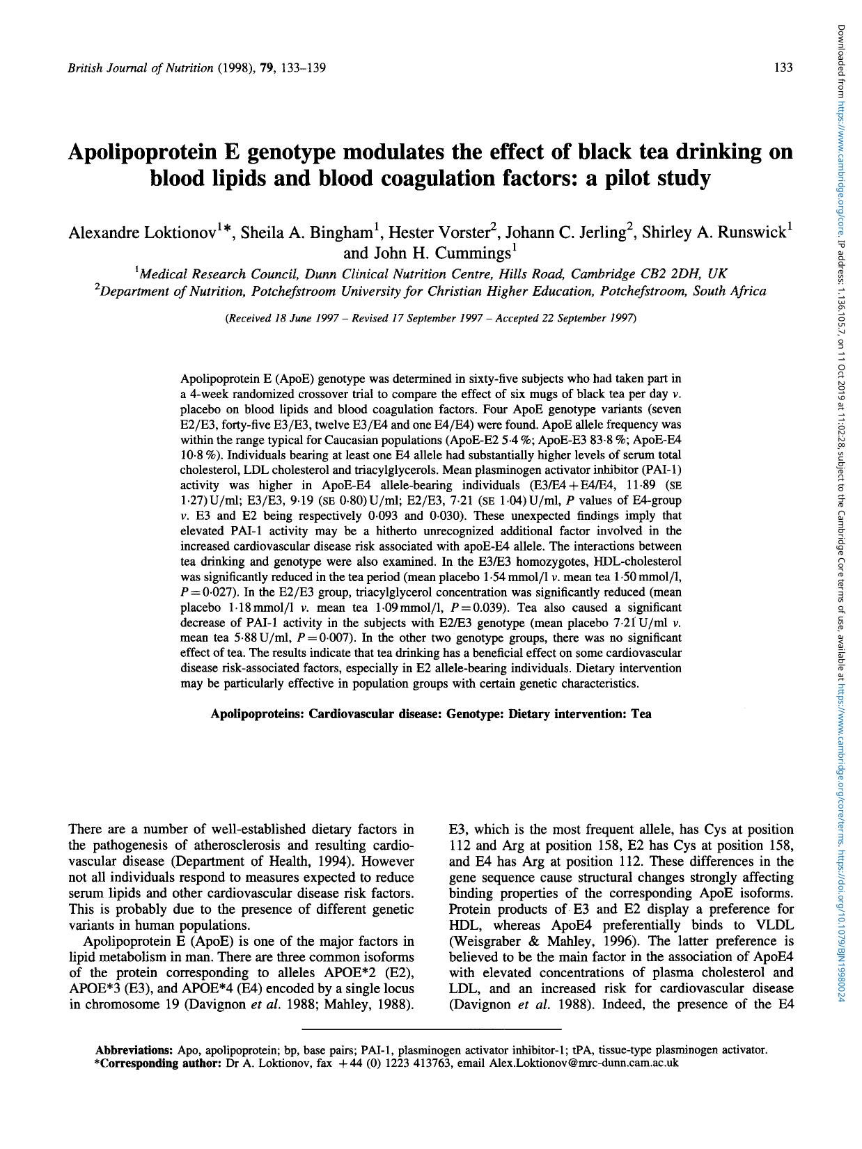 Apolipoprotein E genotype modulates the effect of black tea drinking on blood lipids and blood coagulation factors: a pilot study by unknow