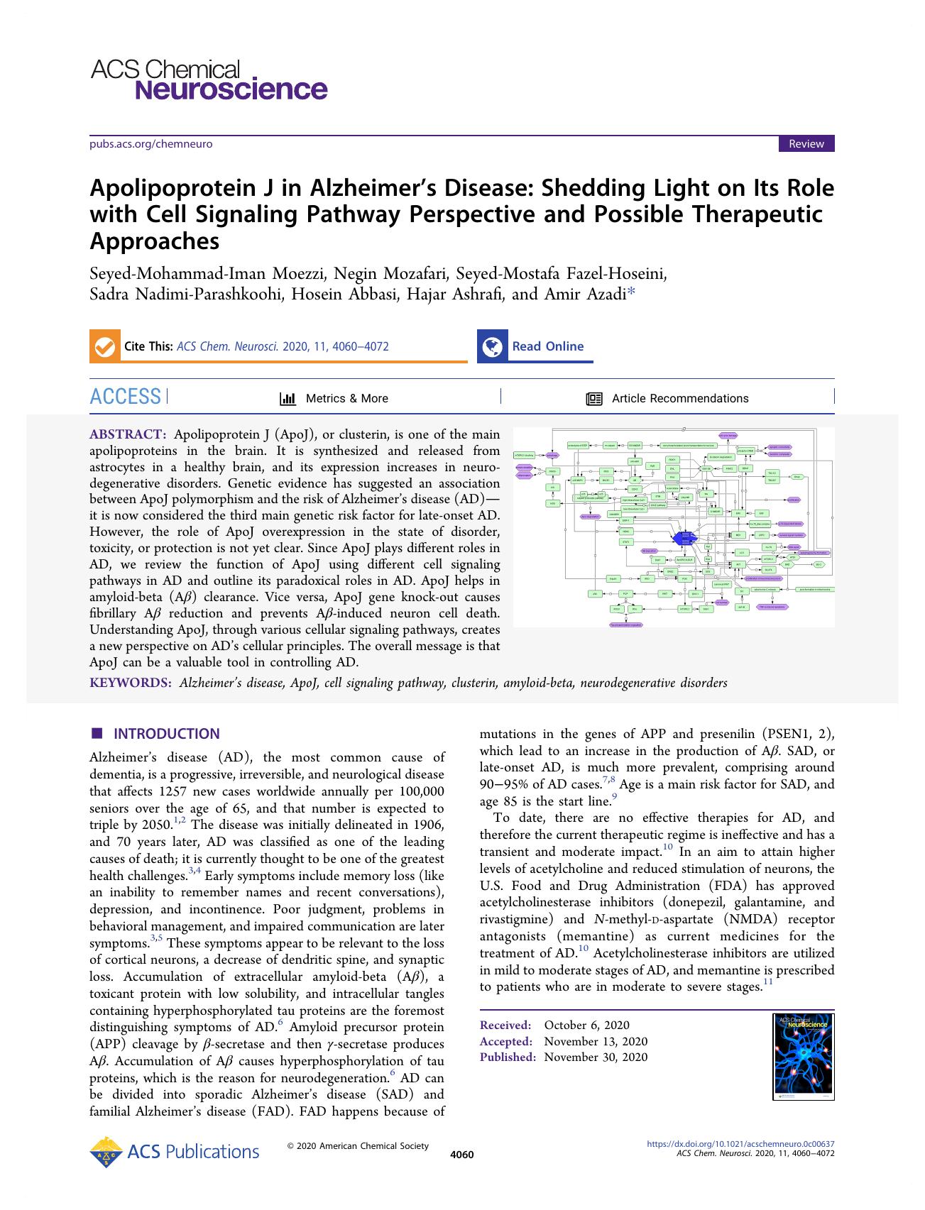 Apolipoprotein J in Alzheimerâs Disease: Shedding Light on Its Role with Cell Signaling Pathway Perspective and Possible Therapeutic Approaches by unknow