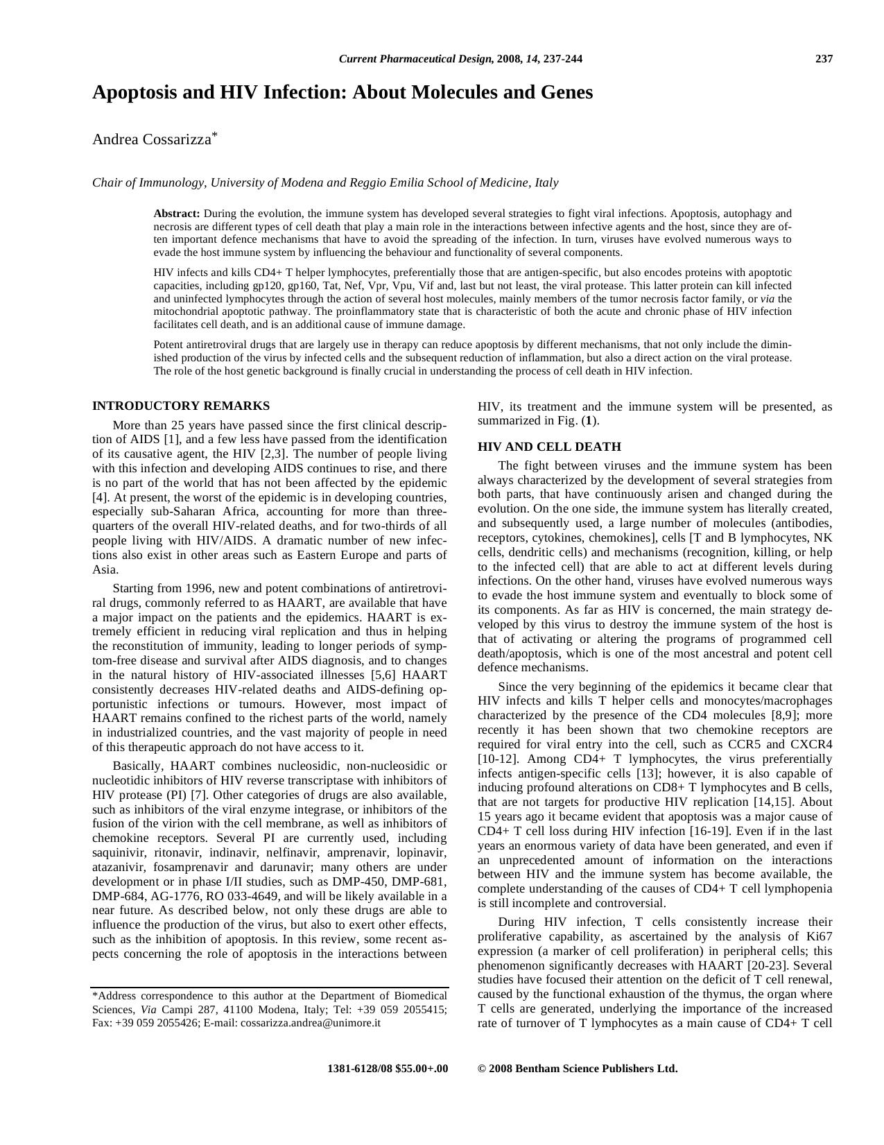 Apoptosis and HIV Infection: About Molecules and Genes by Andrea Cossarizza