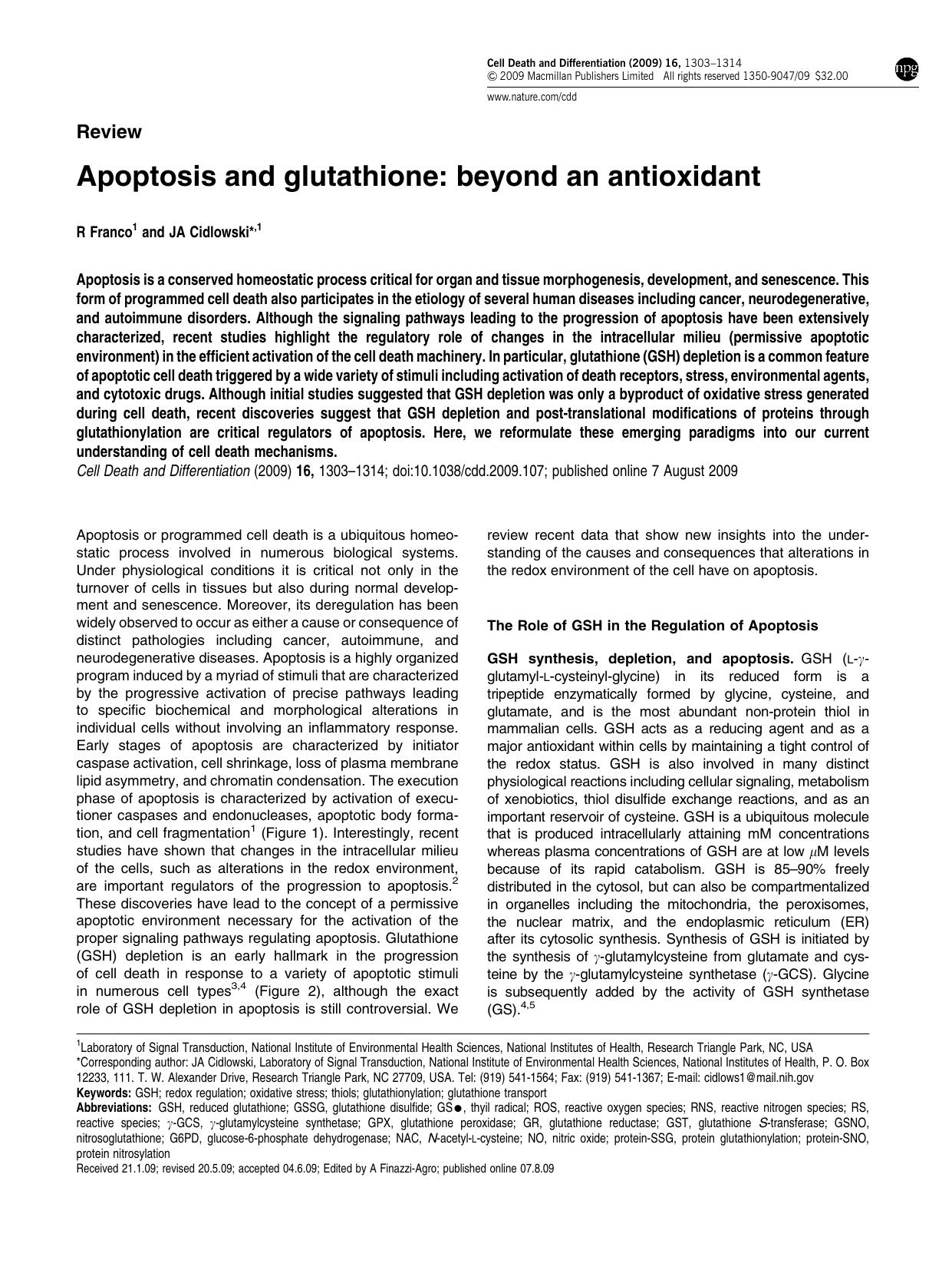 Apoptosis and glutathione: beyond an antioxidant by R Franco & J A Cidlowski
