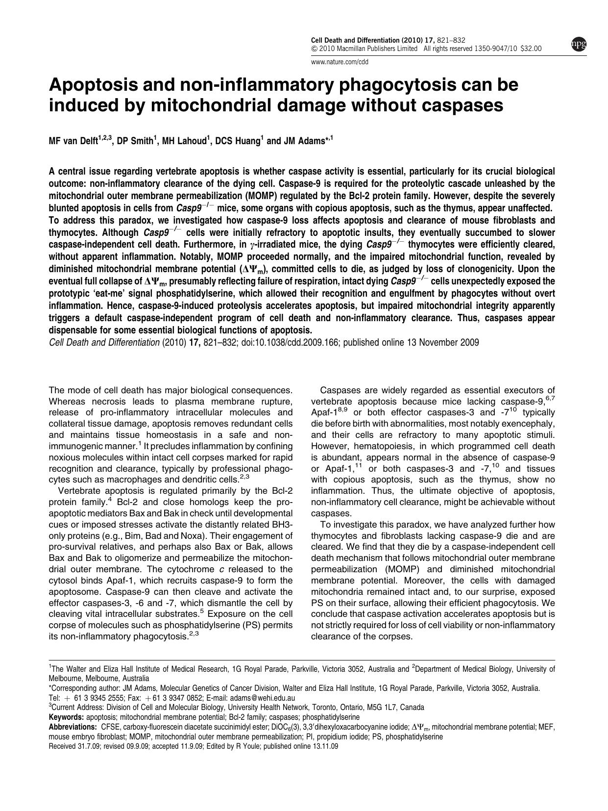 Apoptosis and non-inflammatory phagocytosis can be induced by mitochondrial damage without caspases by M F van Delft & D P Smith & M H Lahoud & D C S Huang & J M Adams