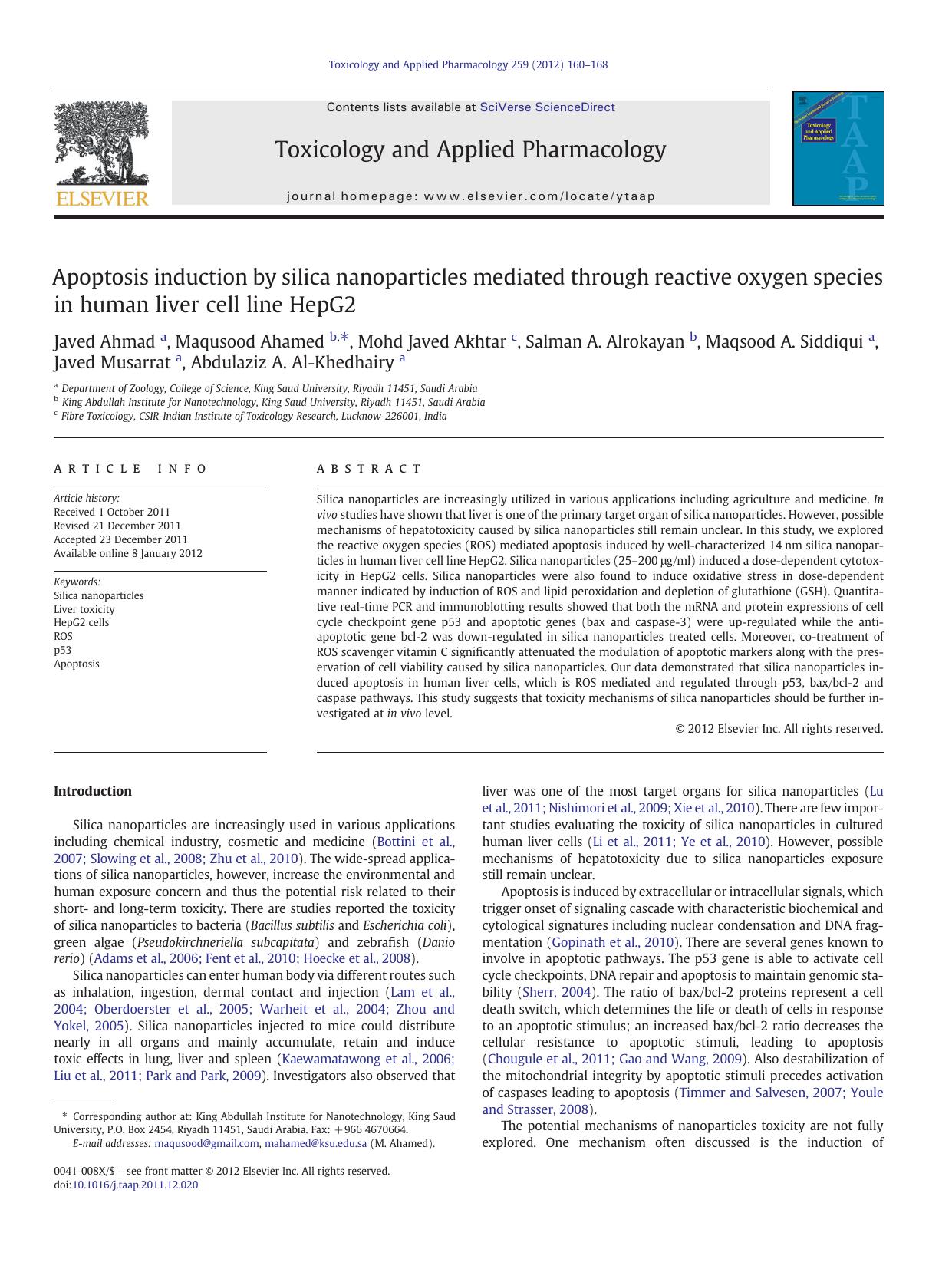 Apoptosis induction by silica nanoparticles mediated through reactive oxygen species in human liver cell line HepG2 by unknow