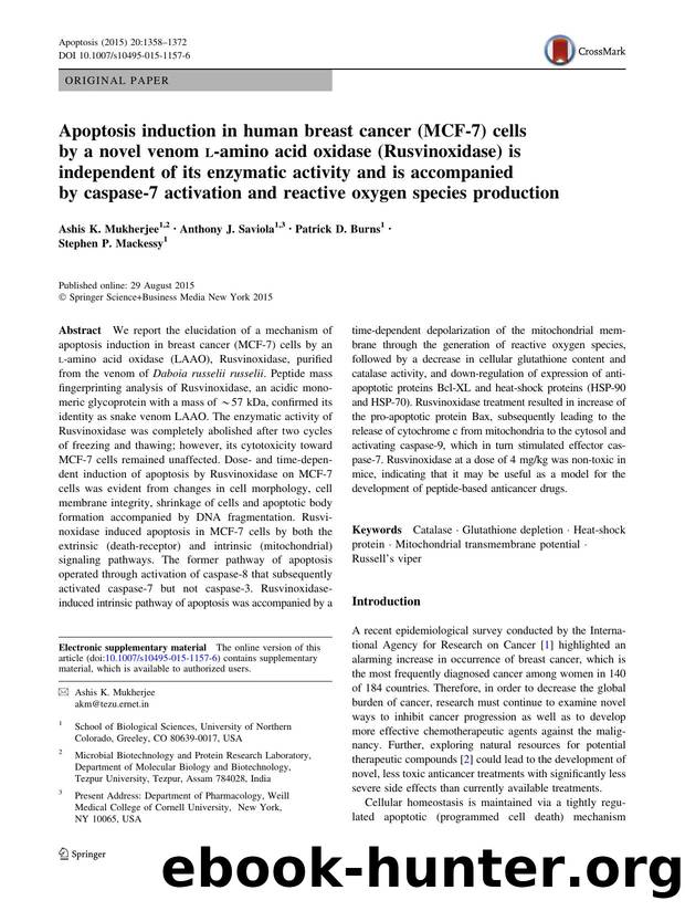 Apoptosis induction in human breast cancer (MCF-7) cells by a novel venom l-amino acid oxidase (Rusvinoxidase) is independent of its enzymatic activity and is accompanied by caspas by Ashis K. Mukherjee & Anthony J. Saviola & Patrick D. Burns & Stephen P. Mackessy