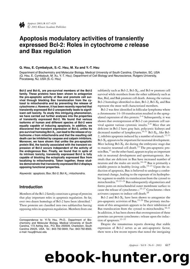 Apoptosis modulatory activities of transiently expressed Bcl-2: Roles in cytochrome <Emphasis Type="Italic">c<Emphasis> release and Bax regulation by Unknown