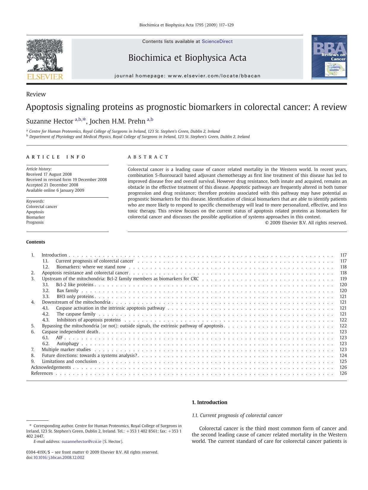 Apoptosis signaling proteins as prognostic biomarkers in colorectal cancer: A review by Suzanne Hector; Jochen H.M. Prehn