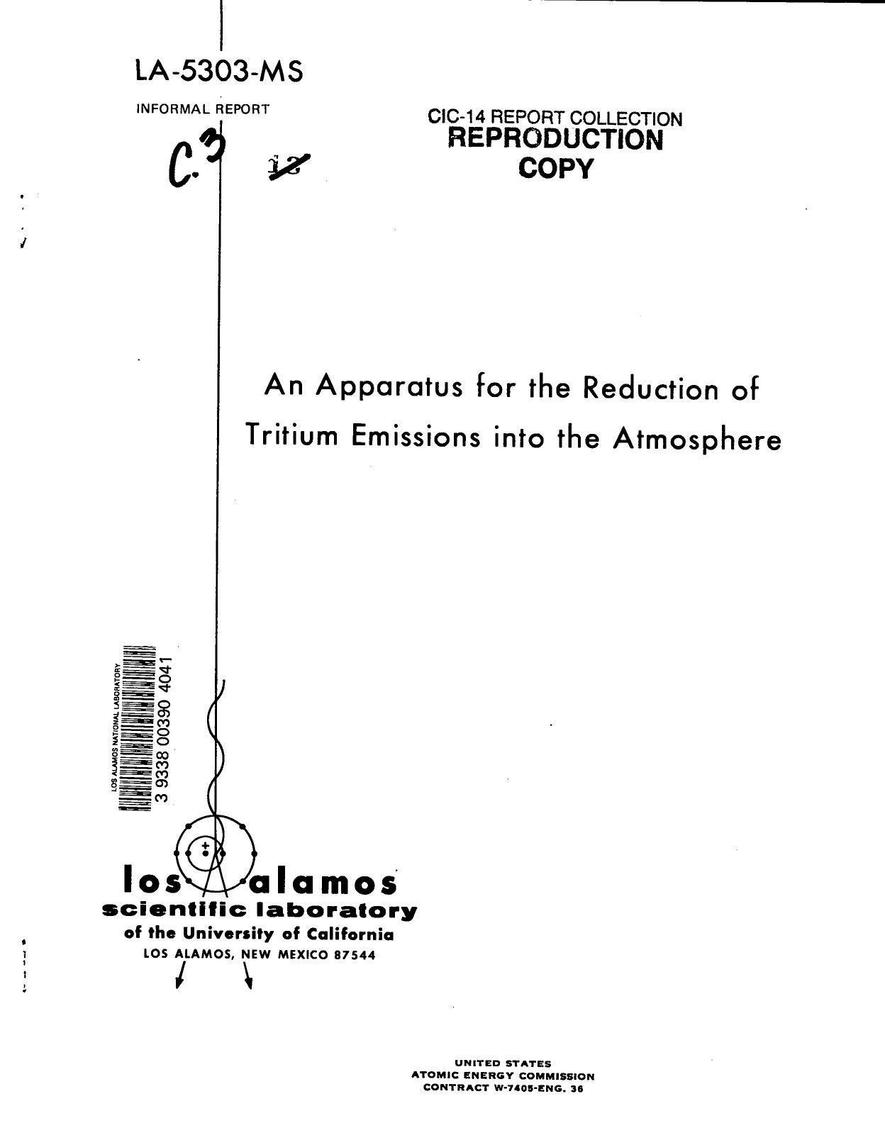 Apparatus for the reduction of tritium emissions into the atmosphere None by LANL Research Library LWW Project