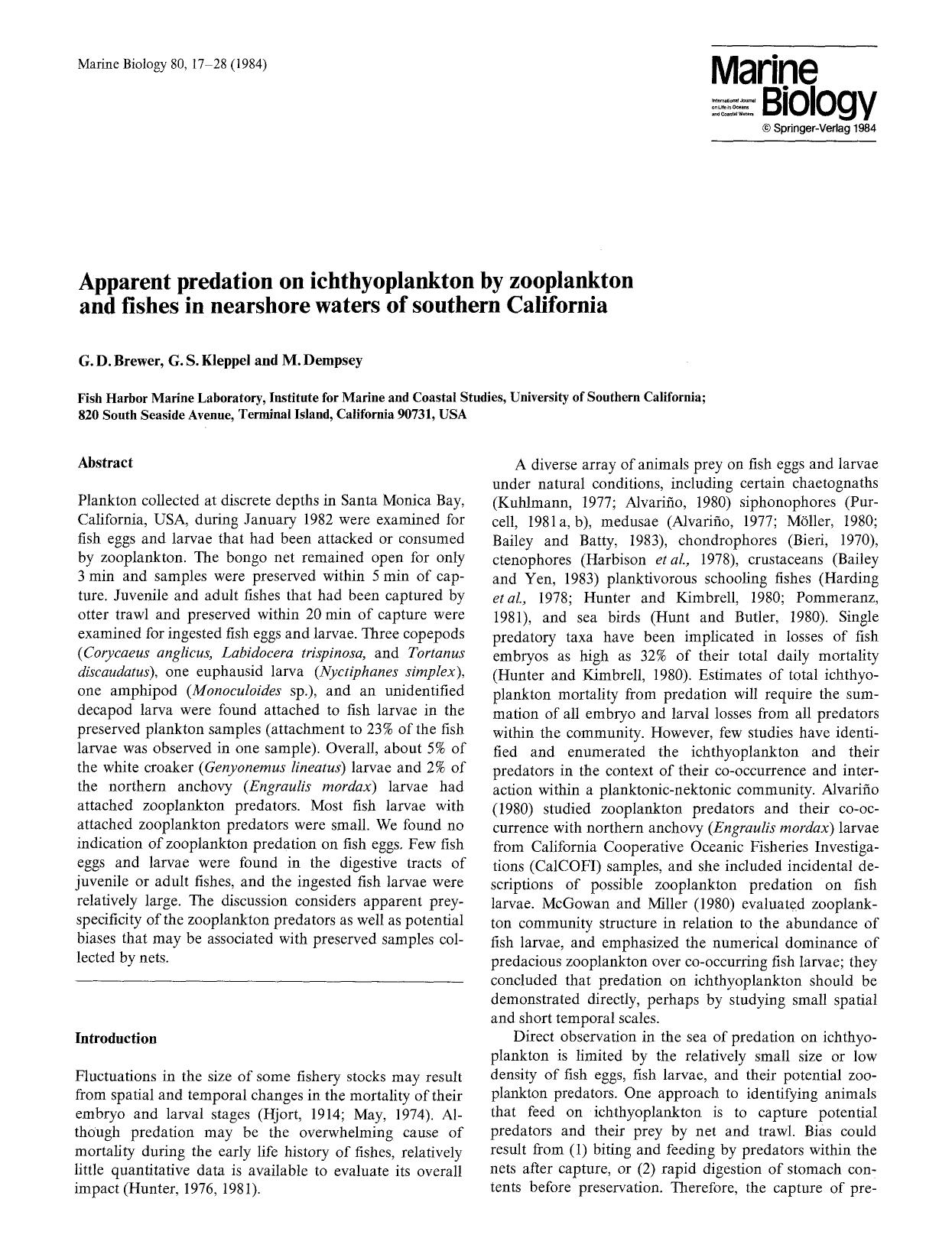Apparent predation on ichthyoplankton by zooplankton and fishes in nearshore waters of southern California by Unknown