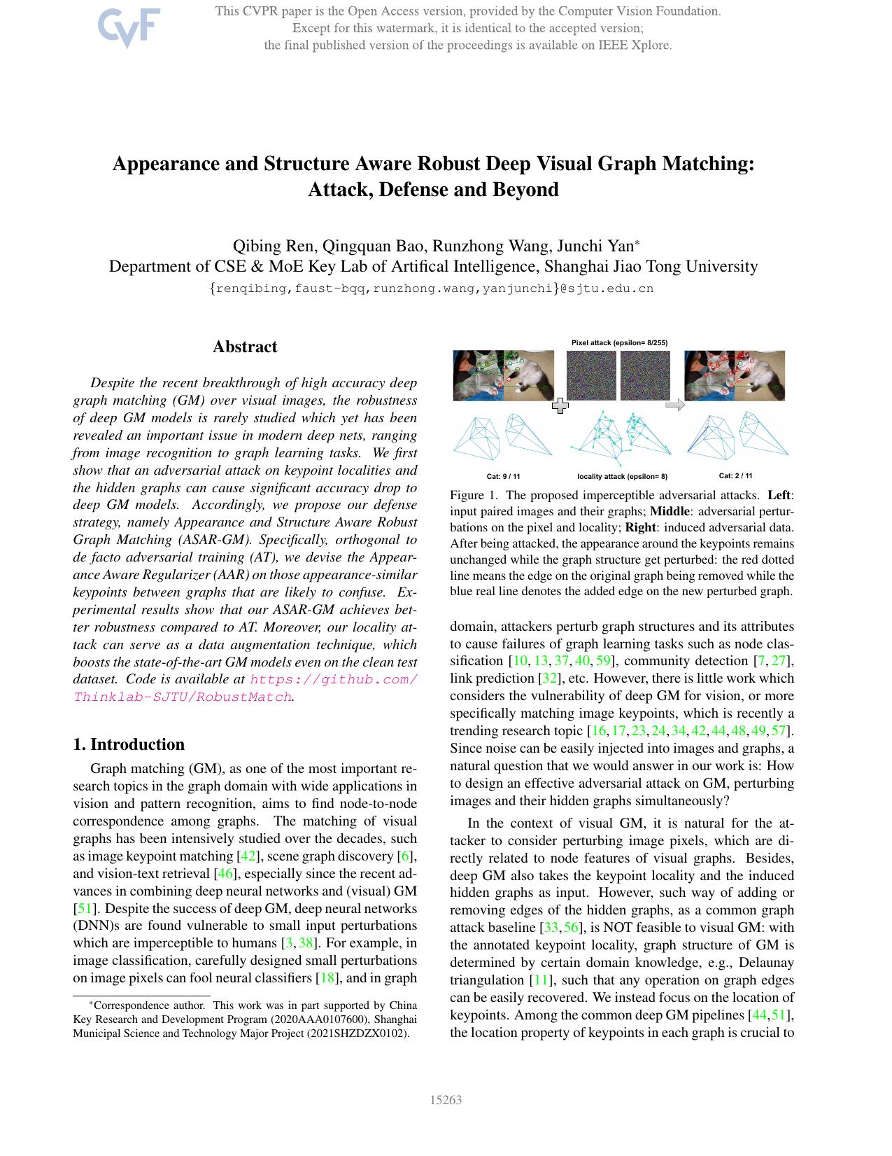 Appearance and Structure Aware Robust Deep Visual Graph Matching: Attack, Defense and Beyond by Qibing Ren & Qingquan Bao & Runzhong Wang & Junchi Yan