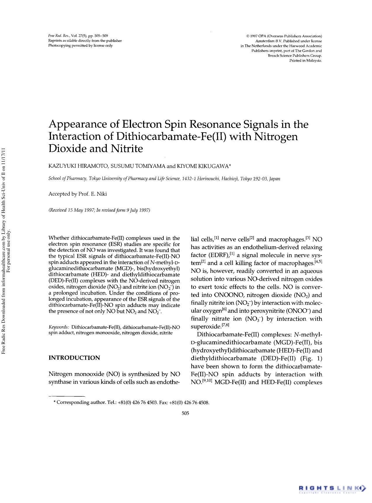 Appearance of Electron Spin Resonance Signals in the Interaction of Dithiocarbamate-Fe(II) with Nitrogen Dioxide and Nitrite by Kazuyuki Hiramoto1 Susumu Tomiyama1 & Kiyomi Kikugawa1†