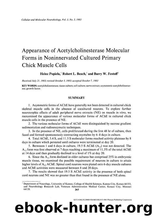 Appearance of acetylcholinesterase molecular forms in noninnervated cultured primary chick muscle cells by Unknown