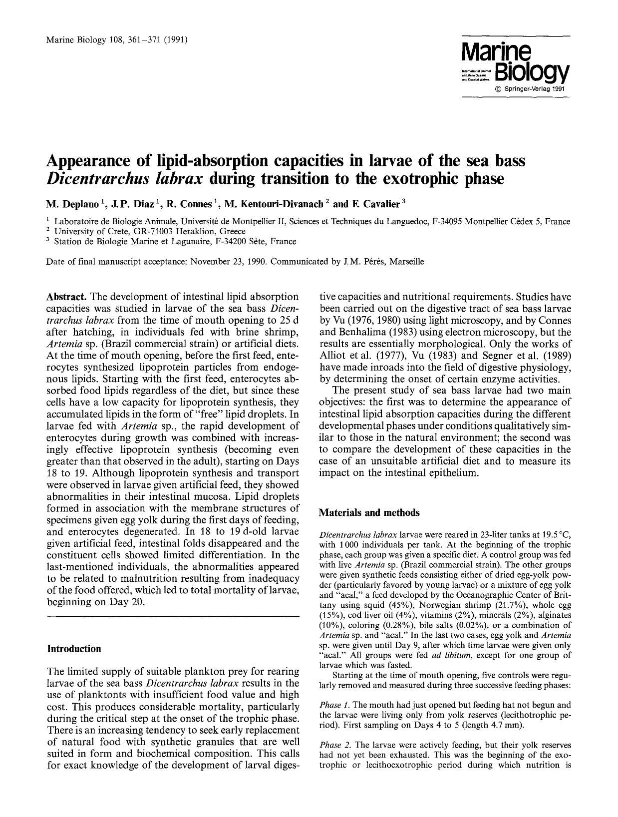 Appearance of lipid-absorption capacities in larvae of the sea bass <Emphasis Type="Italic">Dicentrarchus labrax <Emphasis> during transition to the exotrophic phase by Unknown