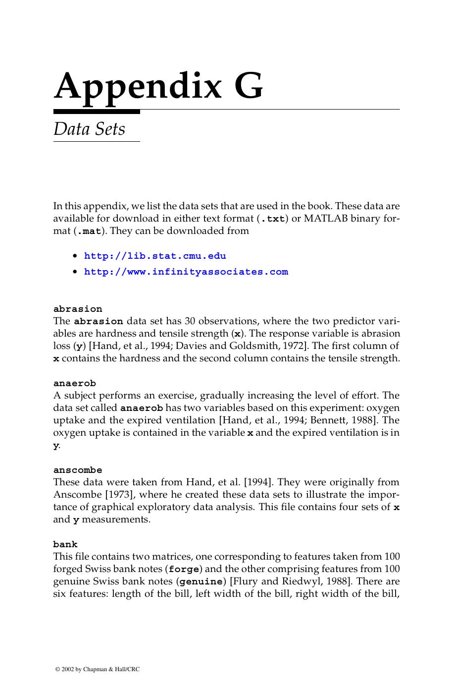Appendix G: Data Sets by Wendy L. Martinez and Angel R. Martinez