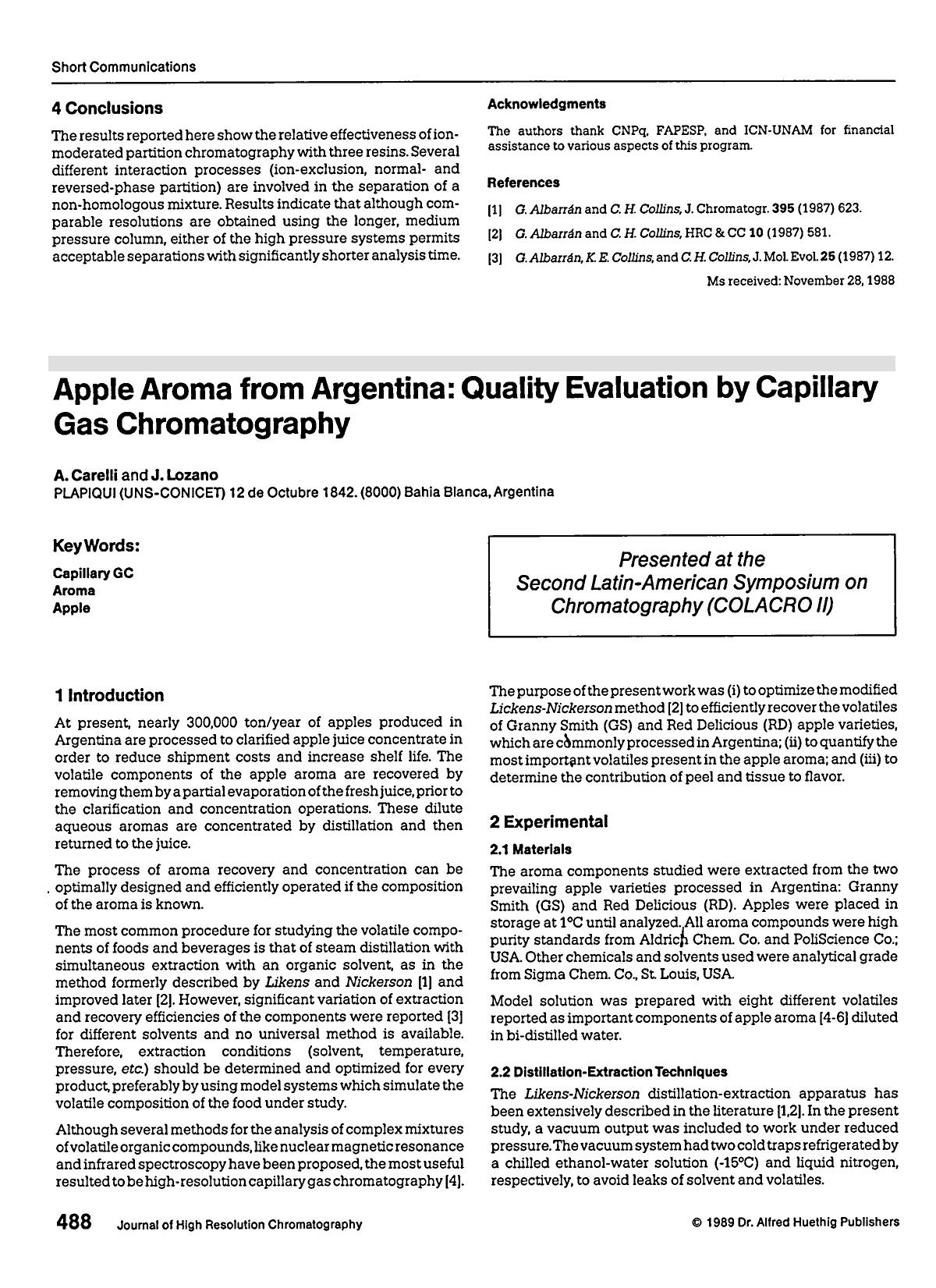 Apple aroma from Argentina: Quality evaluation by capillary gas chromatography by Unknown