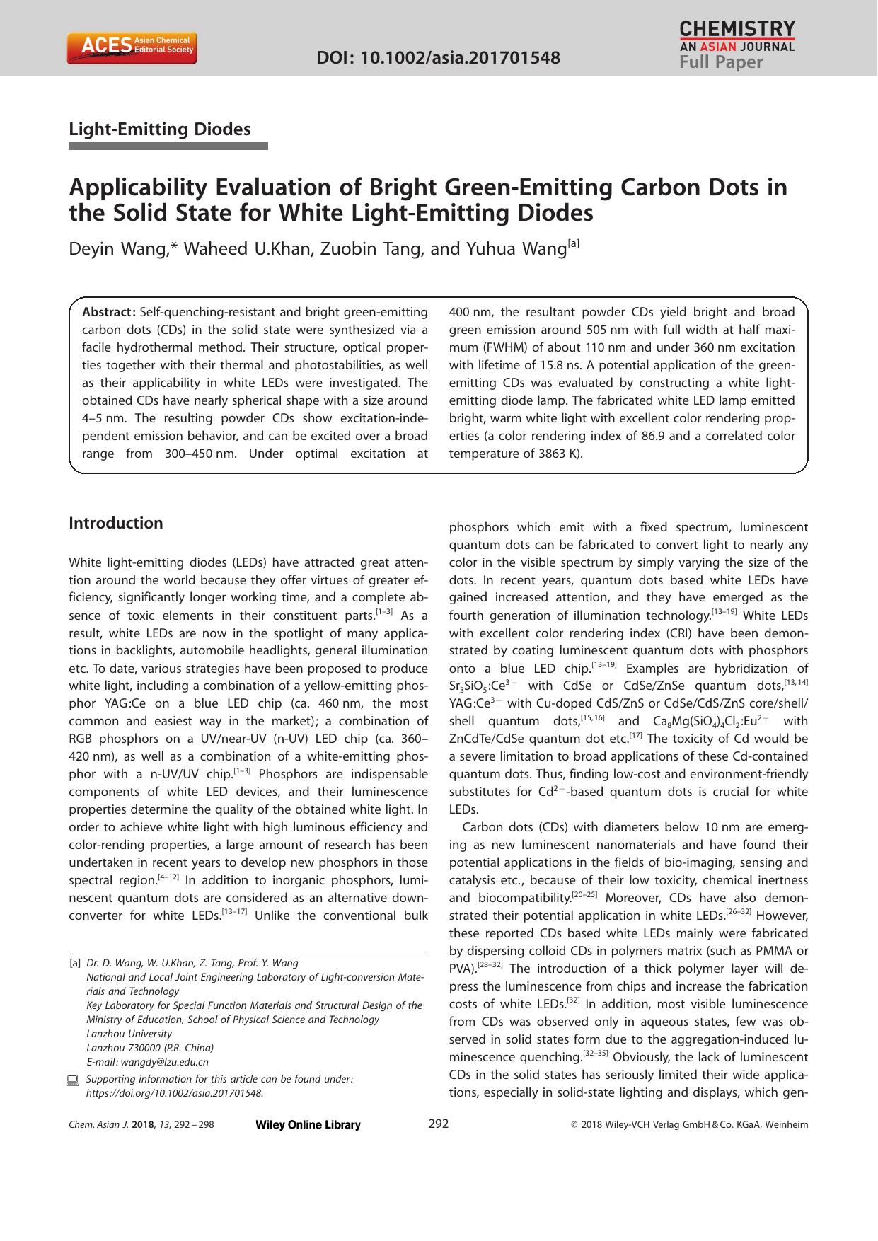 Applicability Evaluation of Bright GreenâEmitting Carbon Dots in the Solid State for White LightâEmitting Diodes by Unknown
