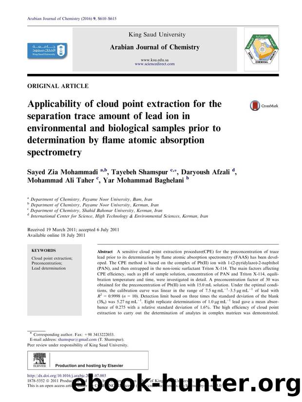 Applicability of cloud point extraction for the separation trace amount of lead ion in environmental and biological samples prior to determination by flame atomic absorption spectrometry by unknow