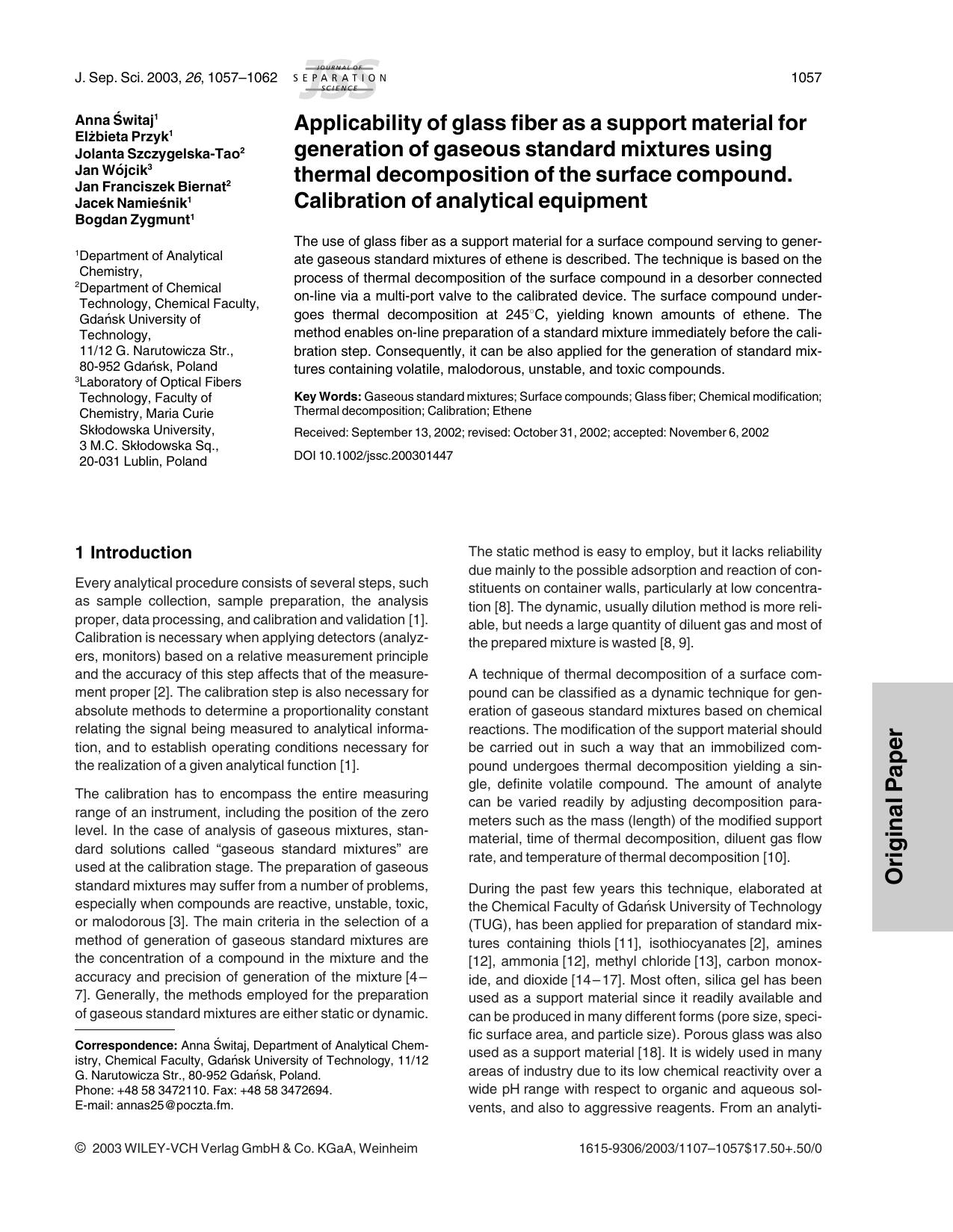 Applicability of glass fiber as a support material for generation of gaseous standard mixtures using thermal decomposition of the surface compound. Calibration of analytical equipment by Unknown