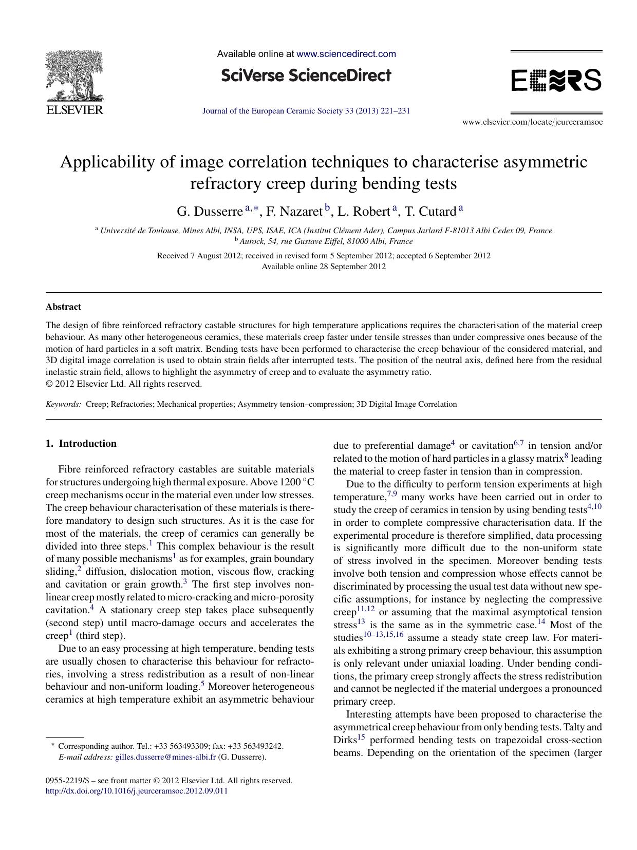 Applicability of image correlation techniques to characterise asymmetric refractory creep during bending tests by G. Dusserre