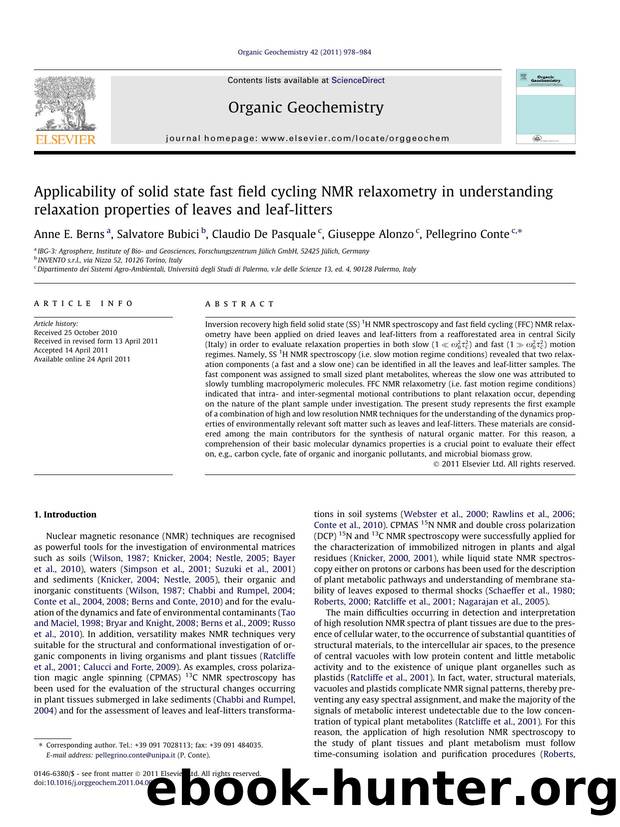 Applicability of solid state fast field cycling NMR relaxometry in understanding relaxation properties of leaves and leaf-litters by Anne E. Berns & Salvatore Bubici & Claudio De Pasquale & Giuseppe Alonzo & Pellegrino Conte