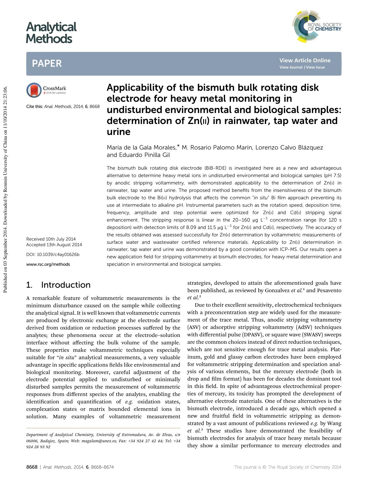 Applicability of the bismuth bulk rotating disk electrode for heavy metal monitoring in undisturbed environmental and biological samples: determination of Zn(ii) in rainwater, tap water and urine by María de la Gala Morales & M. Rosario Palomo Marín & Lorenzo Calvo Blázquez & Eduardo Pinilla Gil