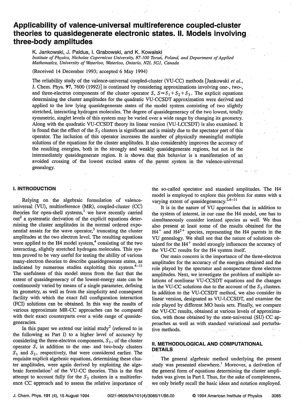 Applicability of valence-universal multireference coupled-cluster theories to quasidegenerate electronic states. II. Models involving three-body amplitudes by K. Jankowski; J. Paldus; I. Grabowski; K. Kowalski