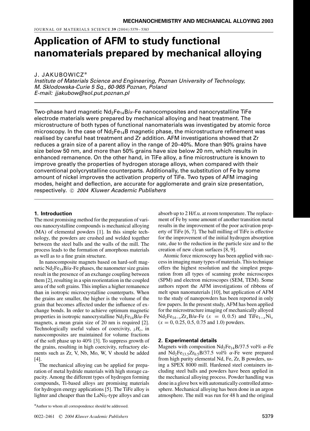 Application of AFM to study functional nanomaterials prepared by mechanical alloying by Unknown