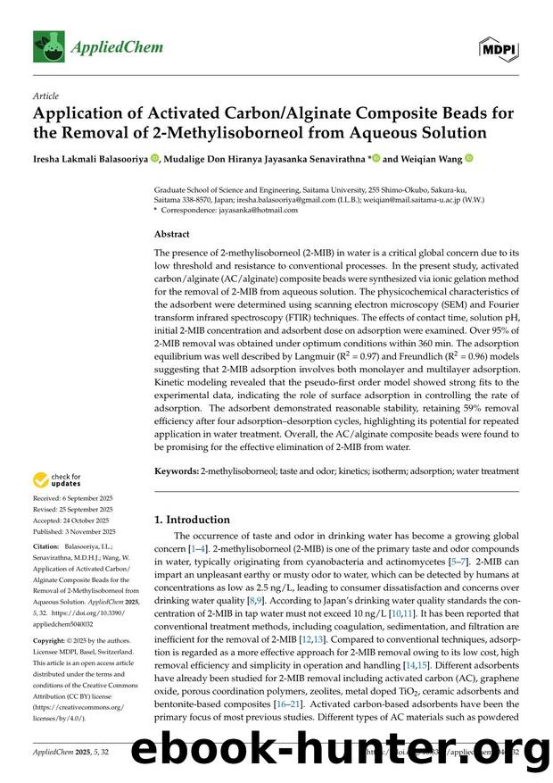 Application of Activated CarbonAlginate Composite Beads for the Removal of 2-Methylisoborneol from Aqueous Solution by Iresha Lakmali Balasooriya Mudalige Don Hiranya Jayasanka Senavirathna & Weiqian Wang