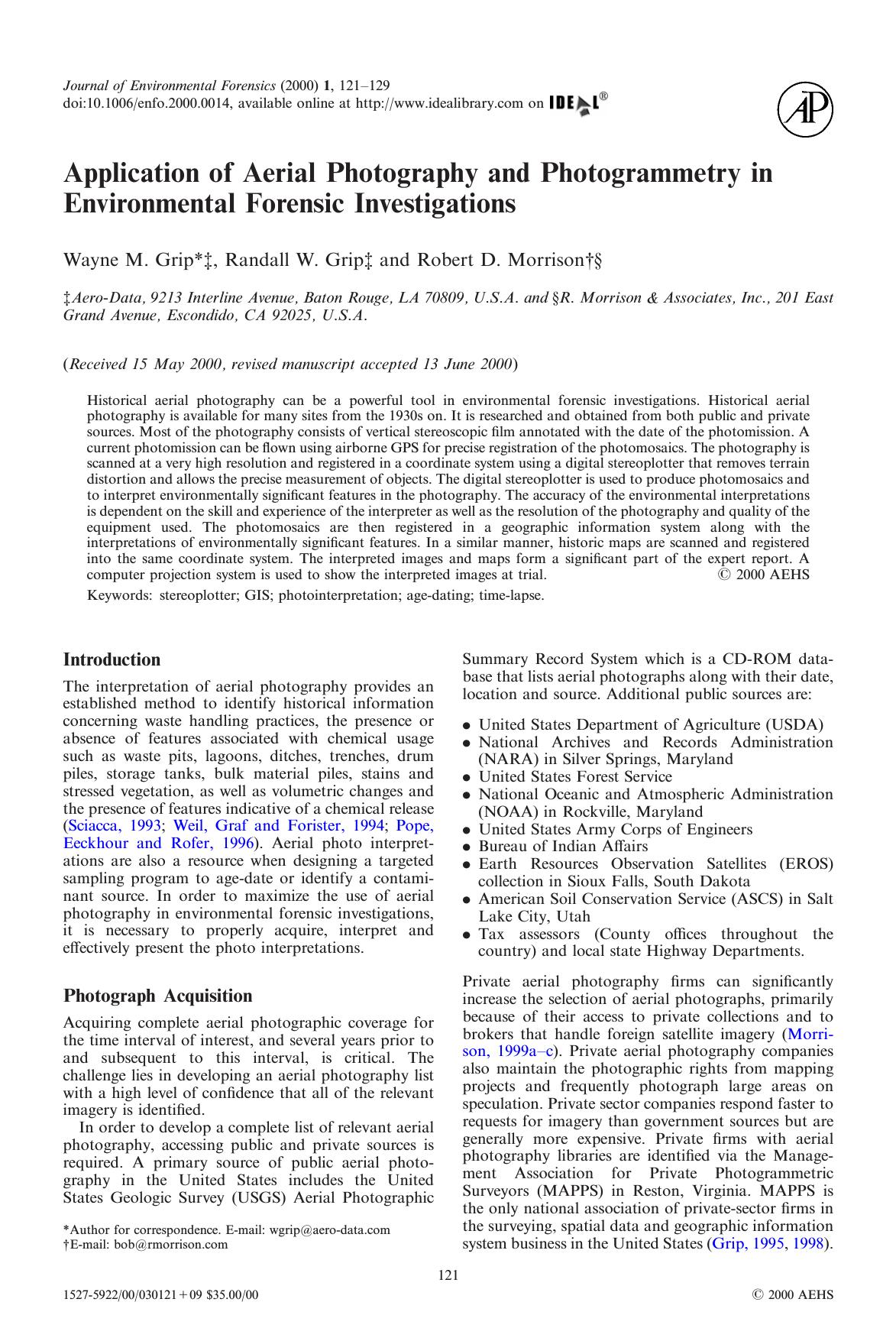 Application of Aerial Photography and Photogrammetry in Environmental Forensic Investigations by Grip W. M. Grip R. W. & Morrison R. D