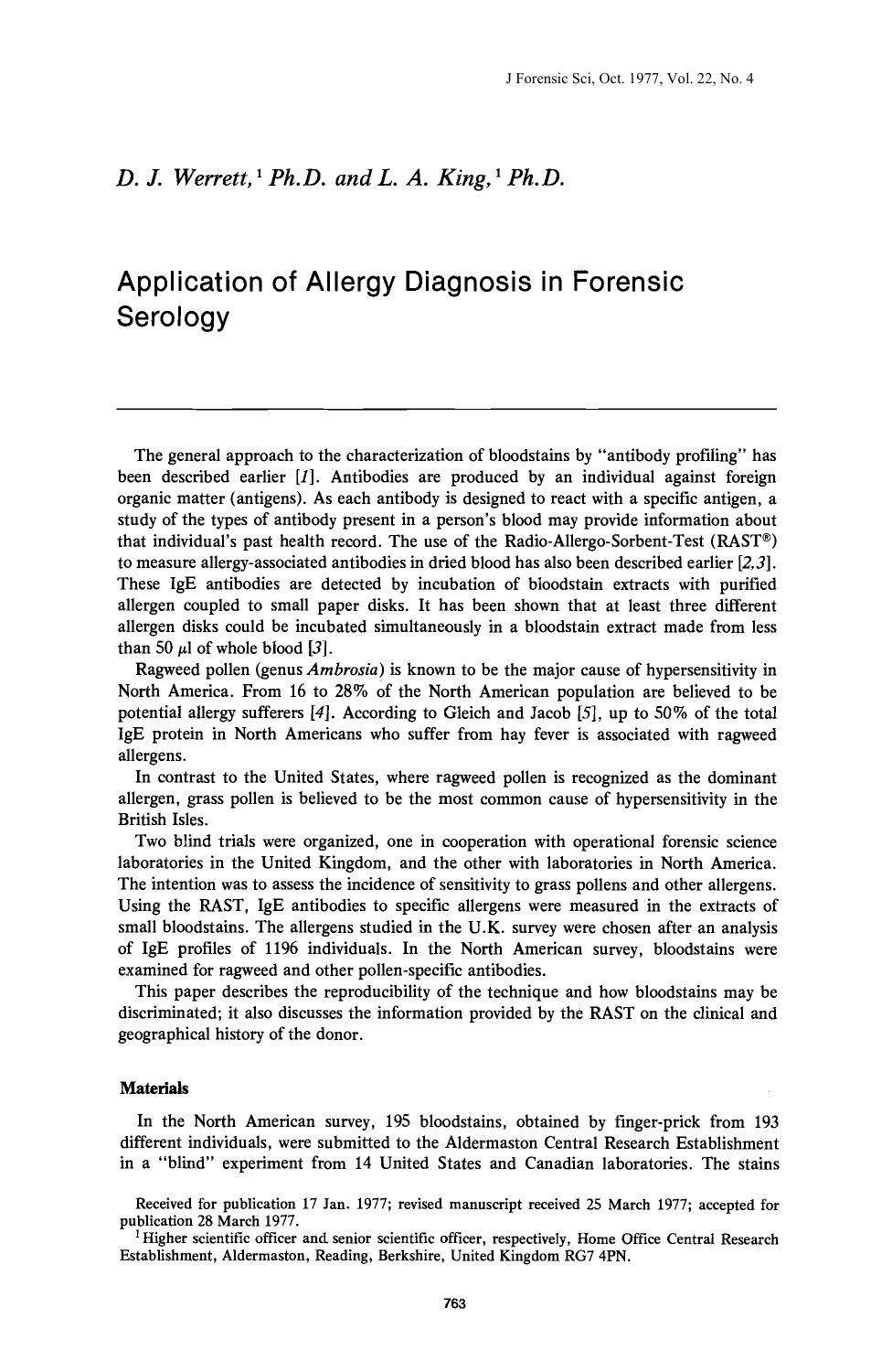 Application of Allergy Diagnosis in Forensic Serology by Werrett DJ King LA