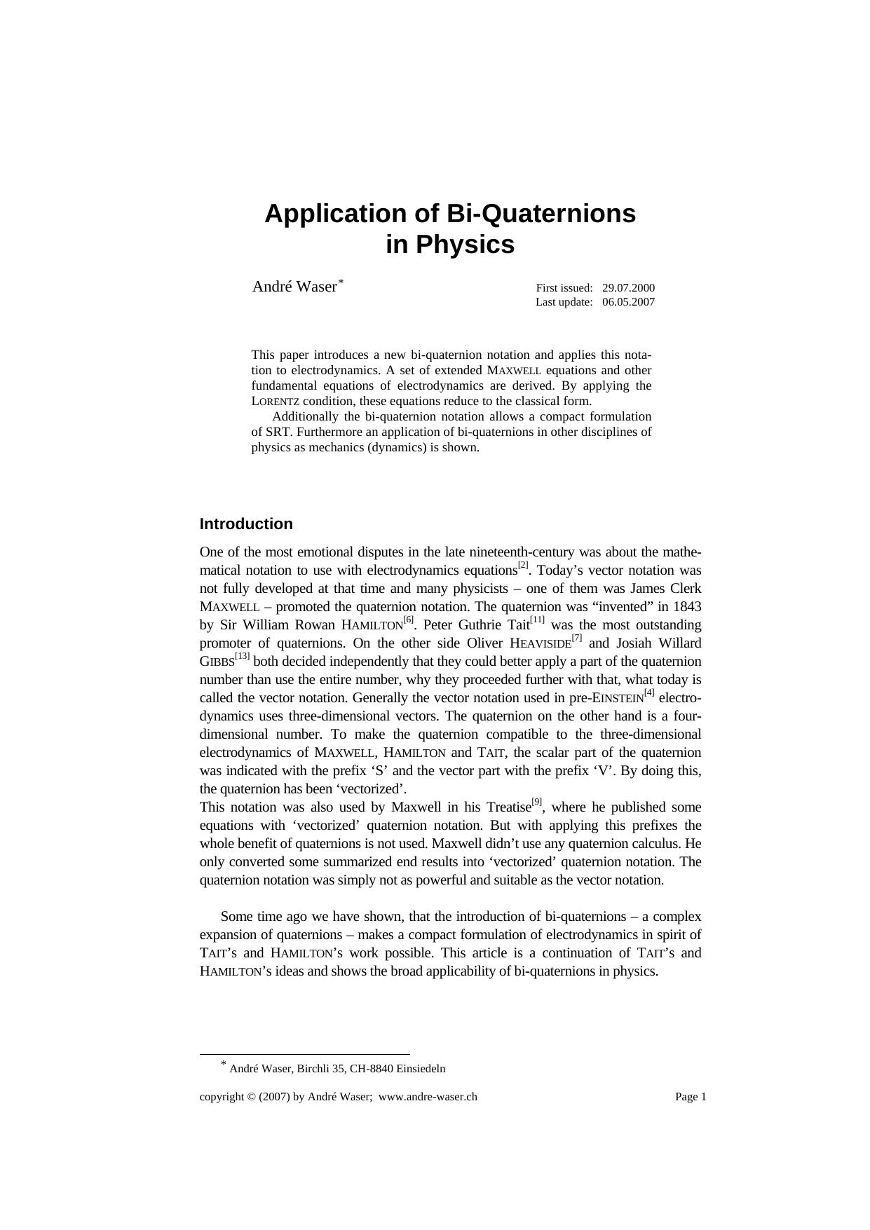 Application of Bi-Quaternions in Physics by André Waser