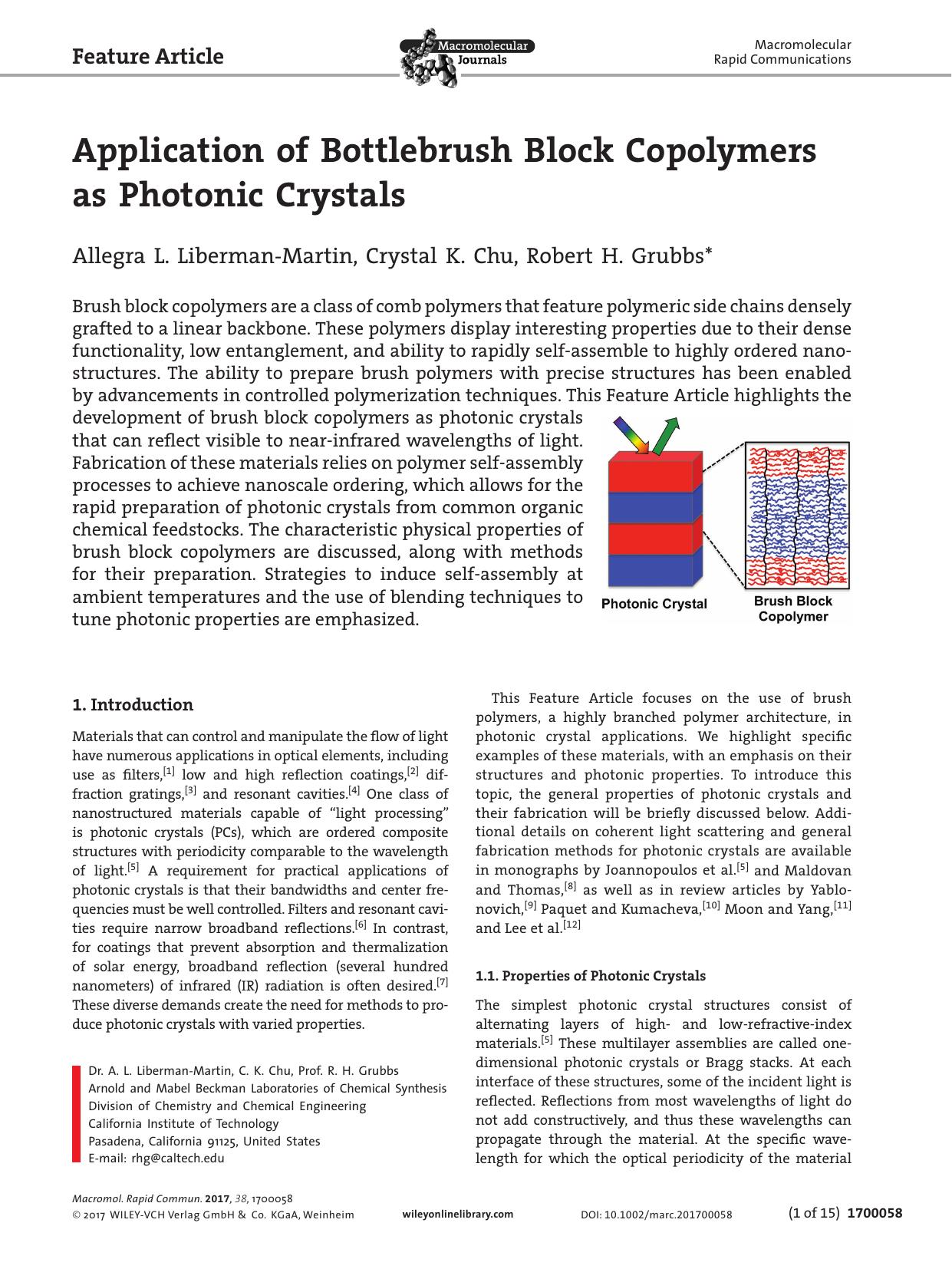 Application of Bottlebrush Block Copolymers as Photonic Crystals by Unknown