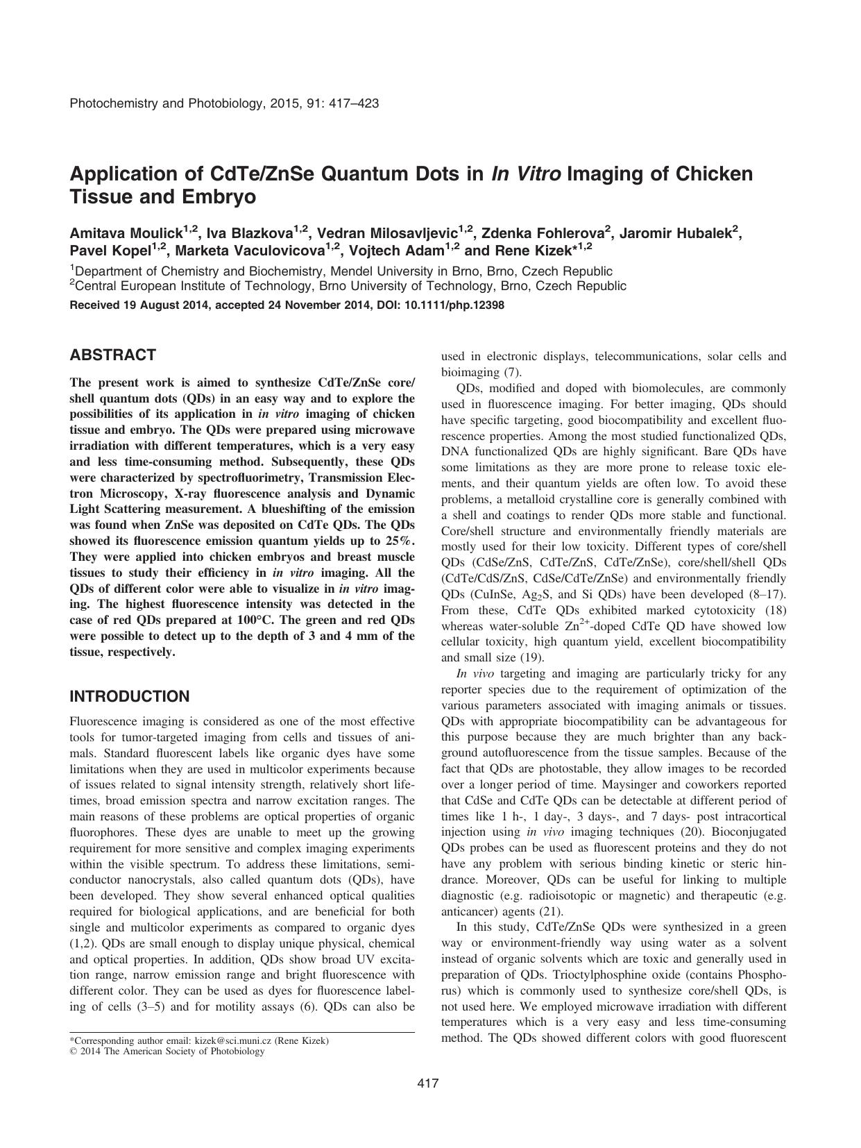 Application of CdTe&#x002F;ZnSe Quantum Dots in In Vitro Imaging of Chicken Tissue and Embryo by Unknown