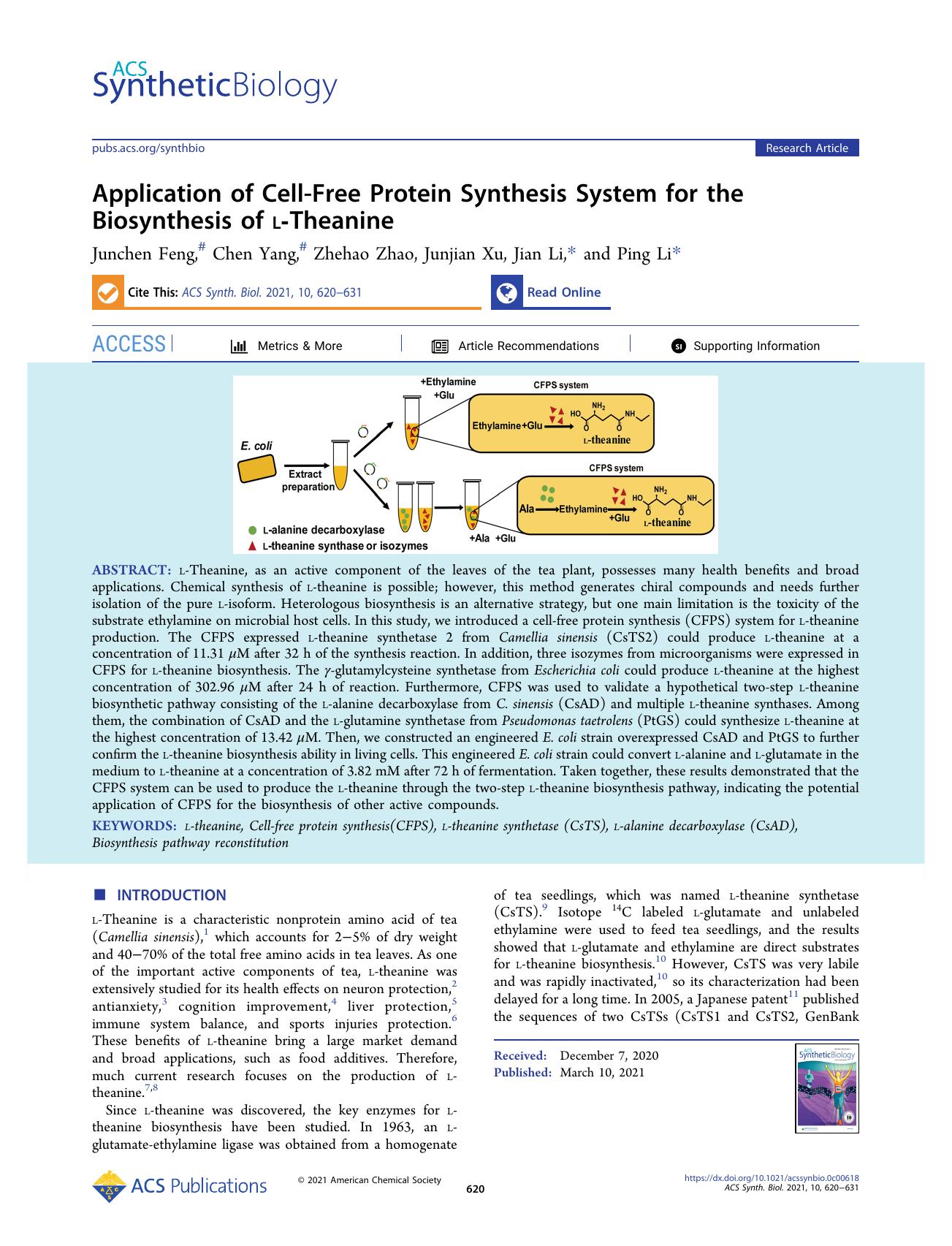 Application of Cell-Free Protein Synthesis System for the Biosynthesis of l-Theanine by Junchen Feng Chen Yang Zhehao Zhao Junjian Xu Jian Li and Ping Li