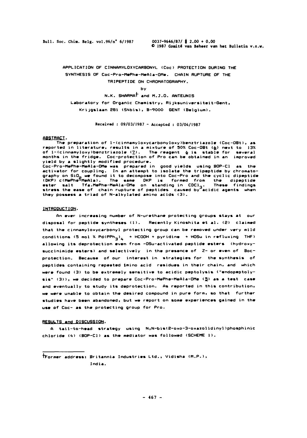 Application of Cinnamyloxycarbonyl (Coc) Protection During the Synthesis of CocProMePheMeAlaOMe. Chain Rupture of the Tripeptide on Chromatography by Unknown