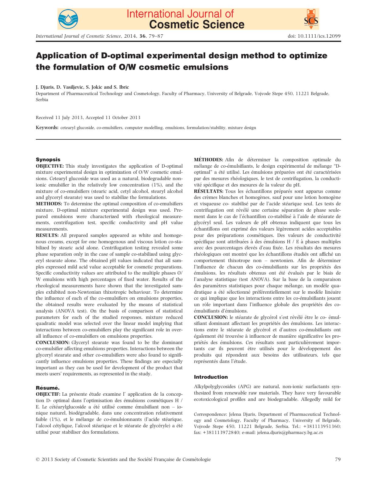 Application of Doptimal experimental design method to optimize the formulation of OW cosmetic emulsions by Unknown