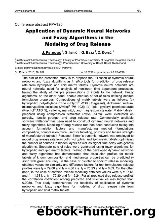 Application of Dynamic Neural Networks and Fuzzy Algorithms in the Modeling of Drug Release by J. PETROVIĆ & S. IBRIĆ & G. BETZ & Z. ĐURIĆ
