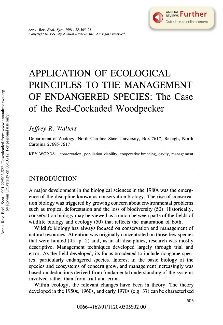 Application of Ecological Principles to the Management of Endangered Species: The Case of the Red-Cockaded Woodpecker by J R Walters