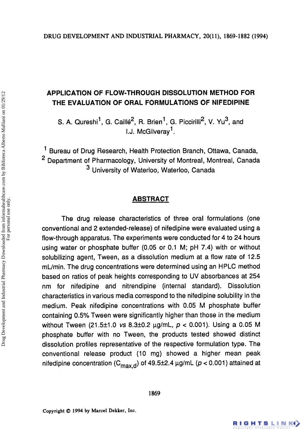 Application of Flow-Through Dissolution Method for the Evaluation of Oral Formulations of Nifedipine by S. A. Qureshi G. Caillé R. Brien G. Piccirilli V. Yu & I. J. McGilveray